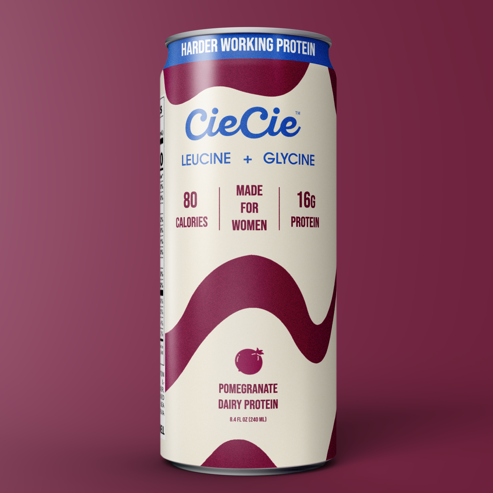 CieCie Pomegranate protein drink — 12-pack can on burgundy background.