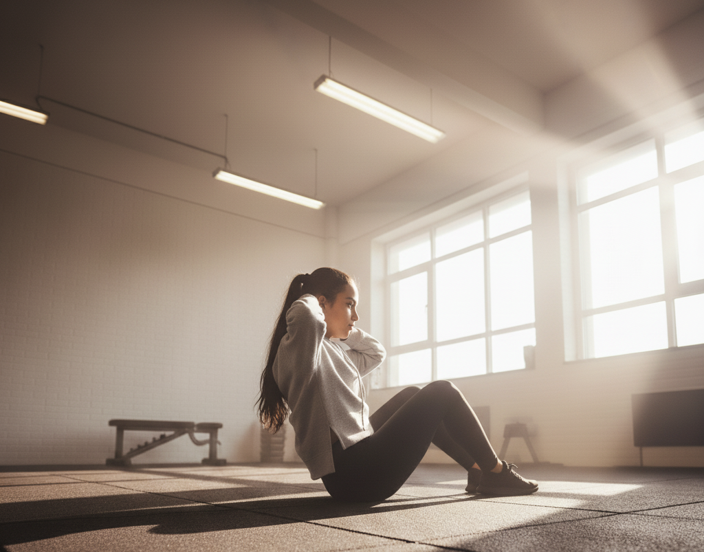 Person sitting on the floor in a gym with large windows allowing natural light to enter.