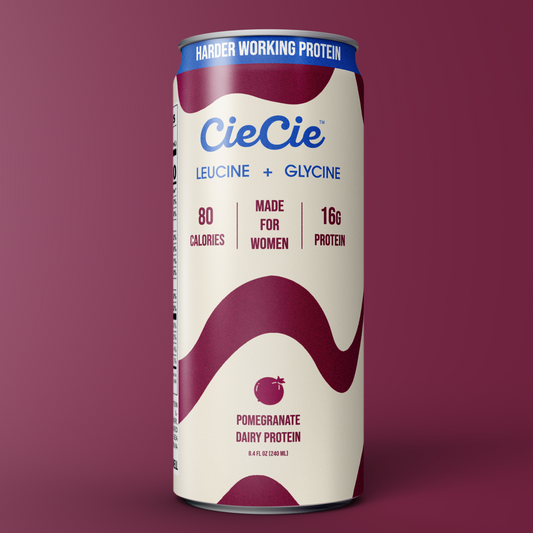 CieCie Pomegranate protein drink — 12-pack can on burgundy background.