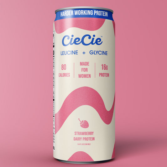 CieCie Strawberry protein drink — 12-pack cans on pink background.
